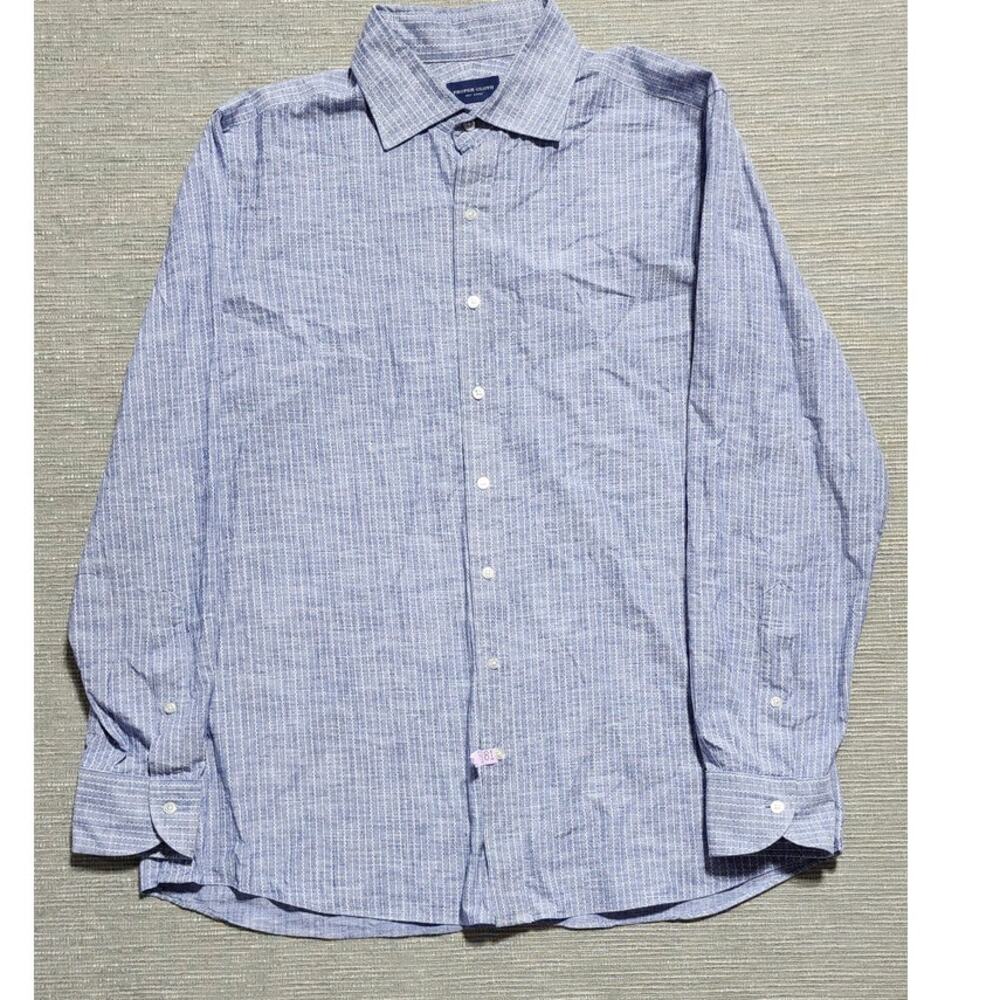 Proper Cloth Men’s Custom Blue White Striped Long Sleeve Button Down Shirt - Picture 2 of 14